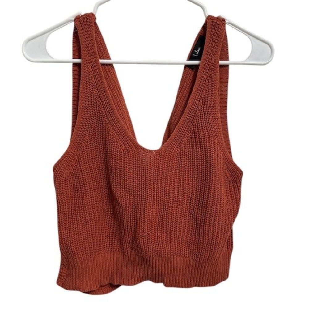 Lulus Knit Crop Top Rust Orange Sleeveless V Neck Twist Back Casual Medium‎ - Picture 3 of 11